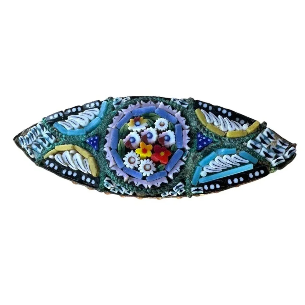 Vintage Brooch Pin 1.625 Inch Multicolor Italian Micro Mosaic Glass Flowers Oval